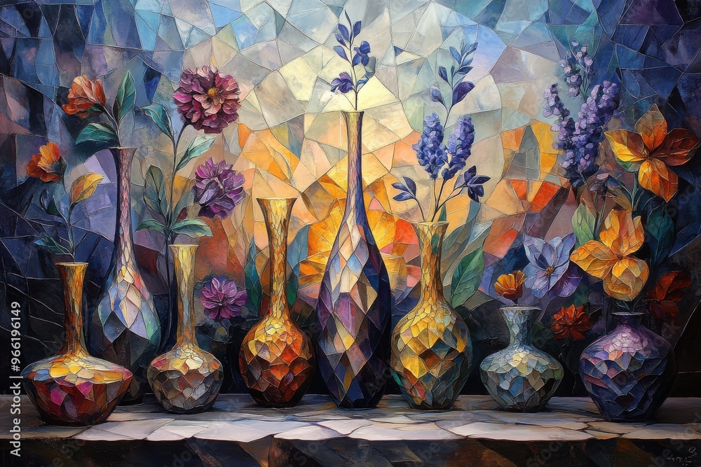 Fototapeta premium Geometric art with river and flowers in abstract painting vibrant design for wall decor