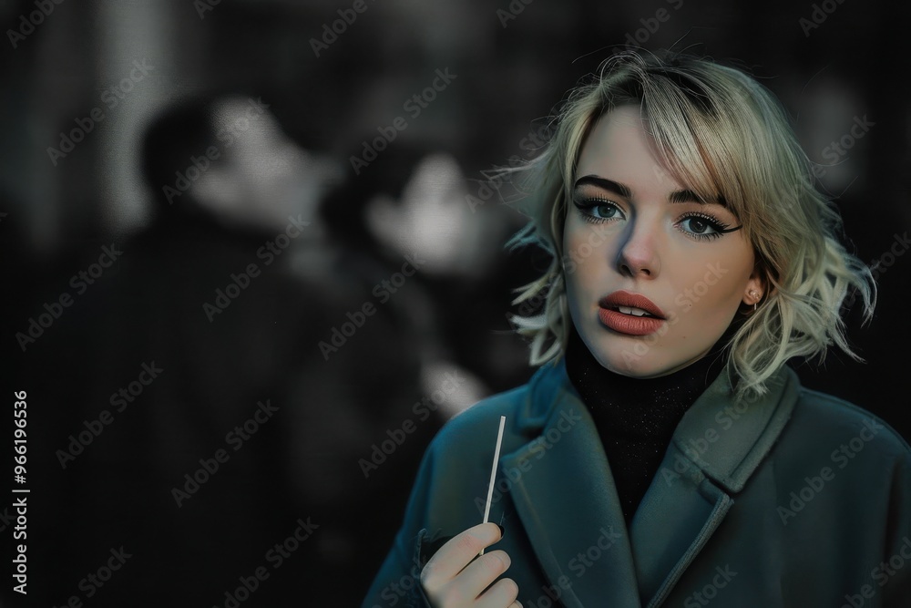 The modern young woman in the dark. Portrait of a blonde young woman. She looks sternly and confidently into the camera. Street life. The modern young woman in the dark. Portrait of a blonde young woman. She looks sternly and confidently into the camera. Street life.