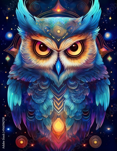 Celestial Owls conceptual Illustration with an owl against a backdrop of stars, moons, and galaxies, blending cosmic elements with the natural beauty of the bird