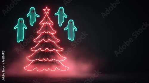 Haunted Christmas tree glowing with neon lights, ghostly figures circling in a misty glow, eerie yet vibrant, Creepy neon ghostly Christmas