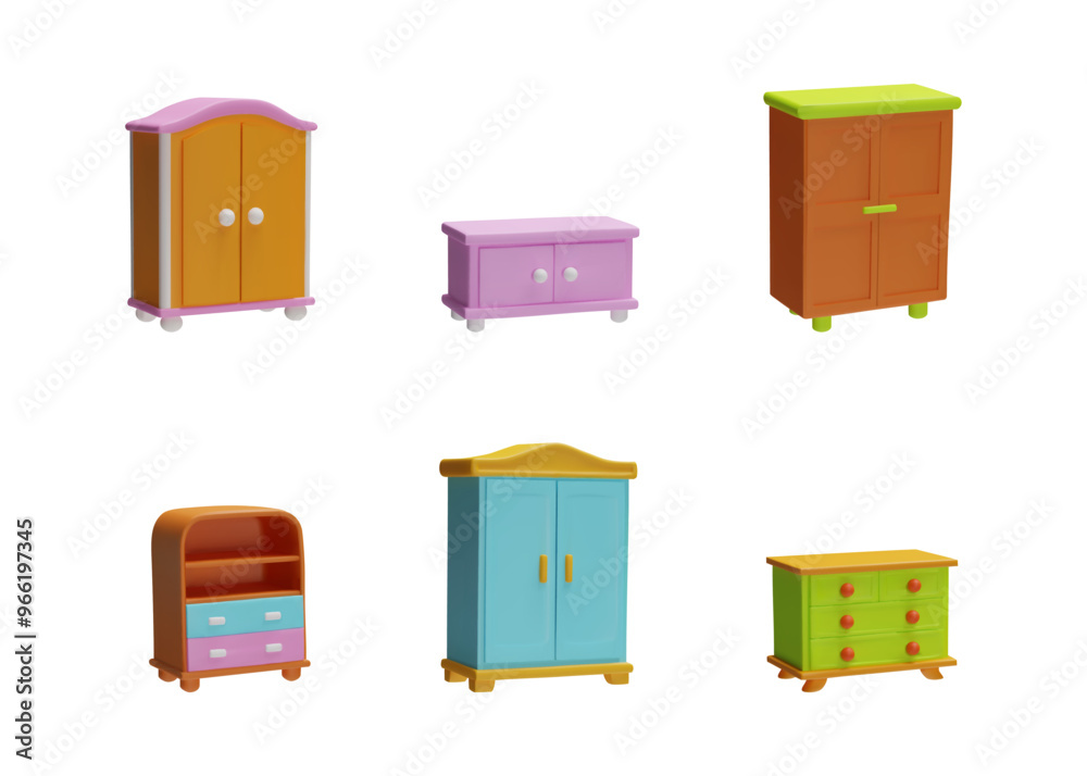 A set of wardrobes and chests of drawers in various colors for dressing rooms. A set of wardrobes and chests of drawers in various colors for dressing rooms.