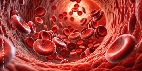 Red Blood Cells Flowing Through a Vein, 3D Illustration, Microbiology , Circulatory System , Blood Cells