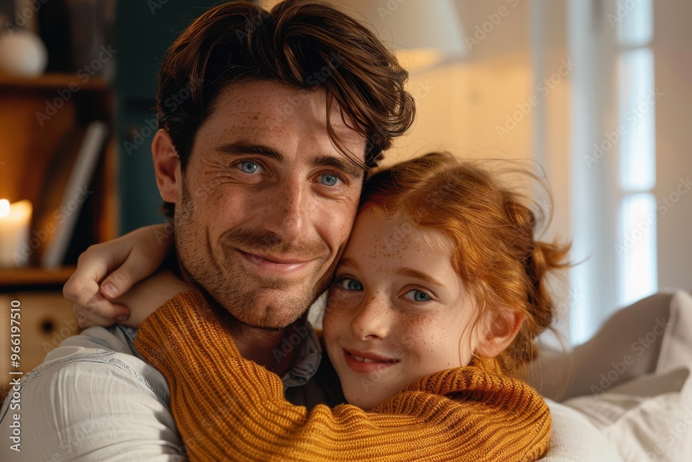 smiling redhead daughter with blue eyes cuddling father in living room smiling redhead daughter with blue eyes cuddling father in living room