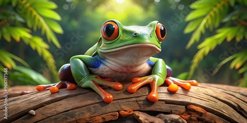 Red-Eyed Tree Frog on a Log, 3D Render, Rainforest, Tree Frog, Frog, Amphibian photo