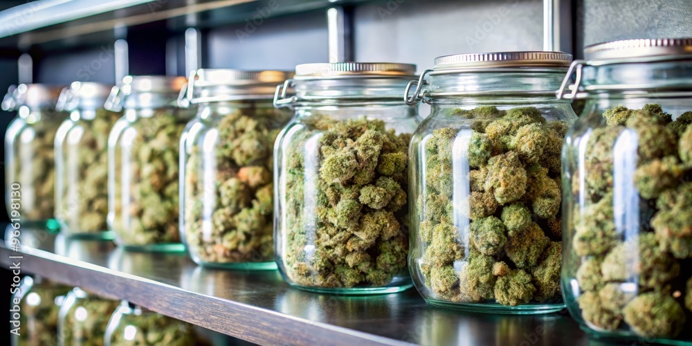 Row of Glass Jars Filled with Cannabis Buds, Close Up, Jars on Shelf, Weed Storage, Cannabis Dispensary, weed, marijuana Row of Glass Jars Filled with Cannabis Buds, Close Up, Jars on Shelf, Weed Storage, Cannabis Dispensary, weed, marijuana