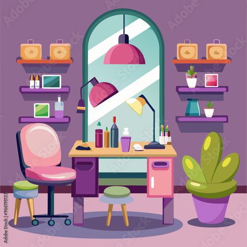 Nail studio or beauty salon with manicure service. Cartoon vector interior of manicurist workplace - chairs near table with lamp, color palette and equipment, nail polish jars on shelf, big mirror.