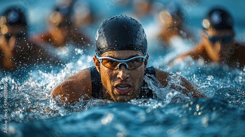 Determined Triathlete Endurance Training for Ironman Competition, Swimming