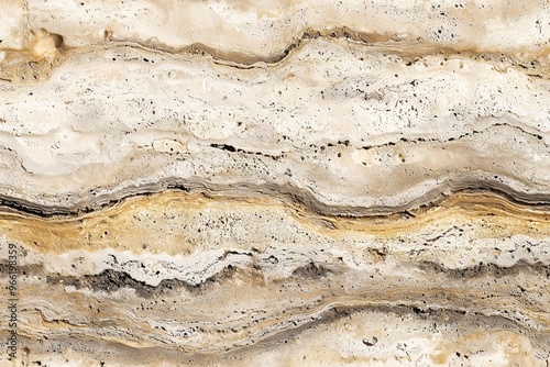 Layered natural stone with beige, cream, and brown tones, showcasing unique patterns and textures. photo