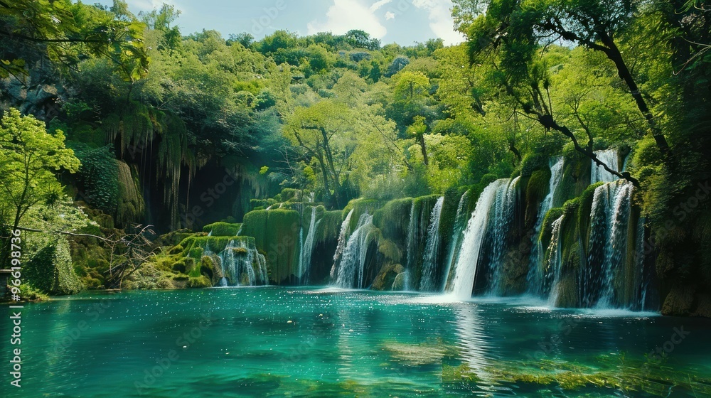 Obraz premium Serene Waterfall in Lush Greenery