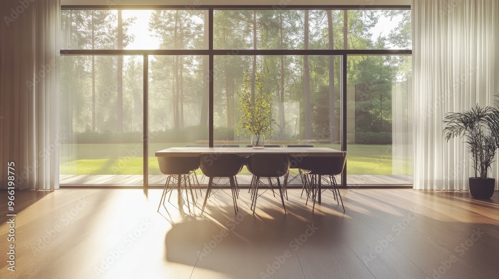 Fototapeta premium A minimalist dining area with a sleek, modern table and chairs, complemented by minimalistic decor and large windows providing plenty of natural light.