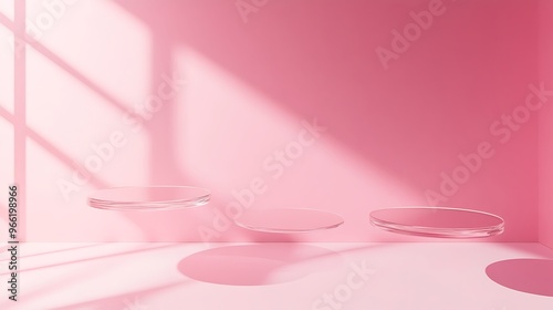 Futuristic Glass Platforms on Pink Wall Background - 3D Rendering Concept of Modern Architecture Design