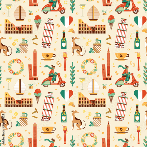 Travel Italy Pattern with Famous Italian Symbols