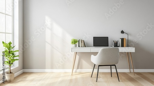 Wallpaper Mural A minimalist home office with a simple white desk, a comfortable chair, and a single laptop, accented by a few books and a small desk plant for a touch of greenery. Torontodigital.ca