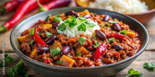 Spicy Chili Con Carne with Rice and Parsley Garnish, Chili, Beef , Recipe