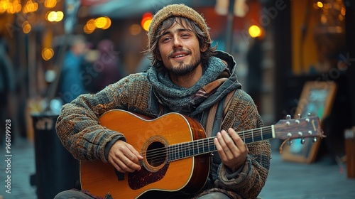 Talented Street Musician Entertaining Crowd with Guitar Performance