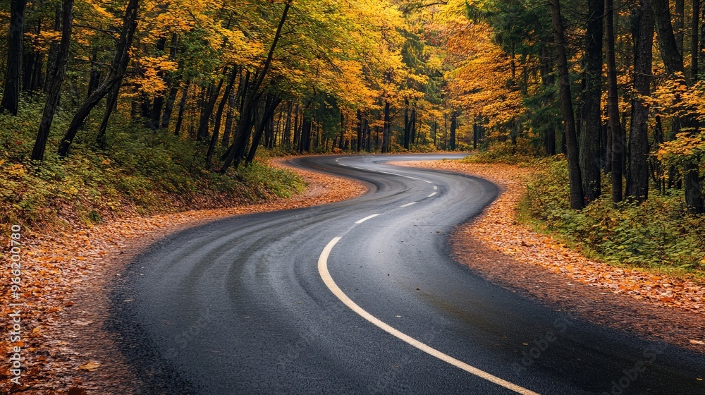 Road passing through the forest. Beautiful autumn landscape Road passing through the forest. Beautiful autumn landscape