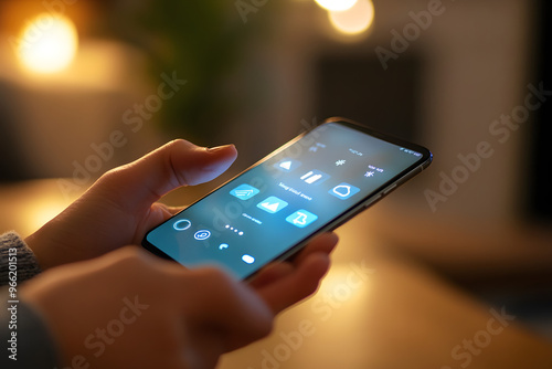 Wallpaper Mural  a hand tapping a smart home app on a smartphone, with the focus on the seamless control of home devices Torontodigital.ca