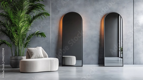 Reflections of Elegance - 3D Rendering of Large Mirrors on Slate Grey Wall Background photo