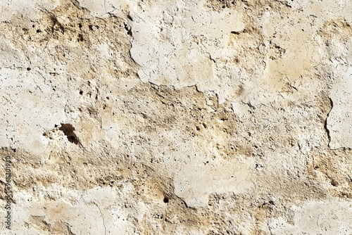 Textured, weathered wall with cracks and peeling paint. The surface is predominantly beige with hints of darker spots, showcasing the natural aging process. photo