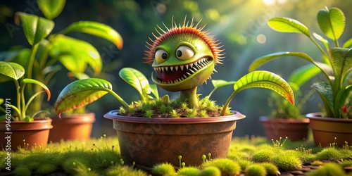 The Carnivorous Plant's Cheerful Smile, 3D render, plant illustration, carnivorous plant, botanical art