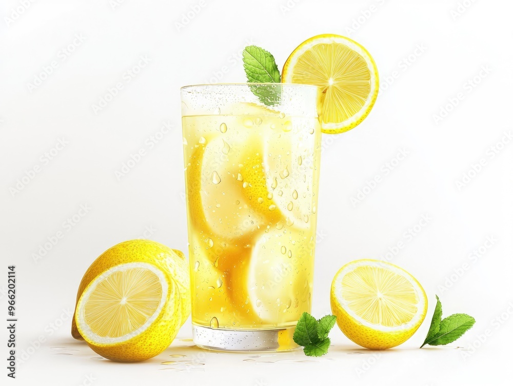 Refreshing lemonade with slices of lemon and mint sprigs Refreshing lemonade with slices of lemon and mint sprigs