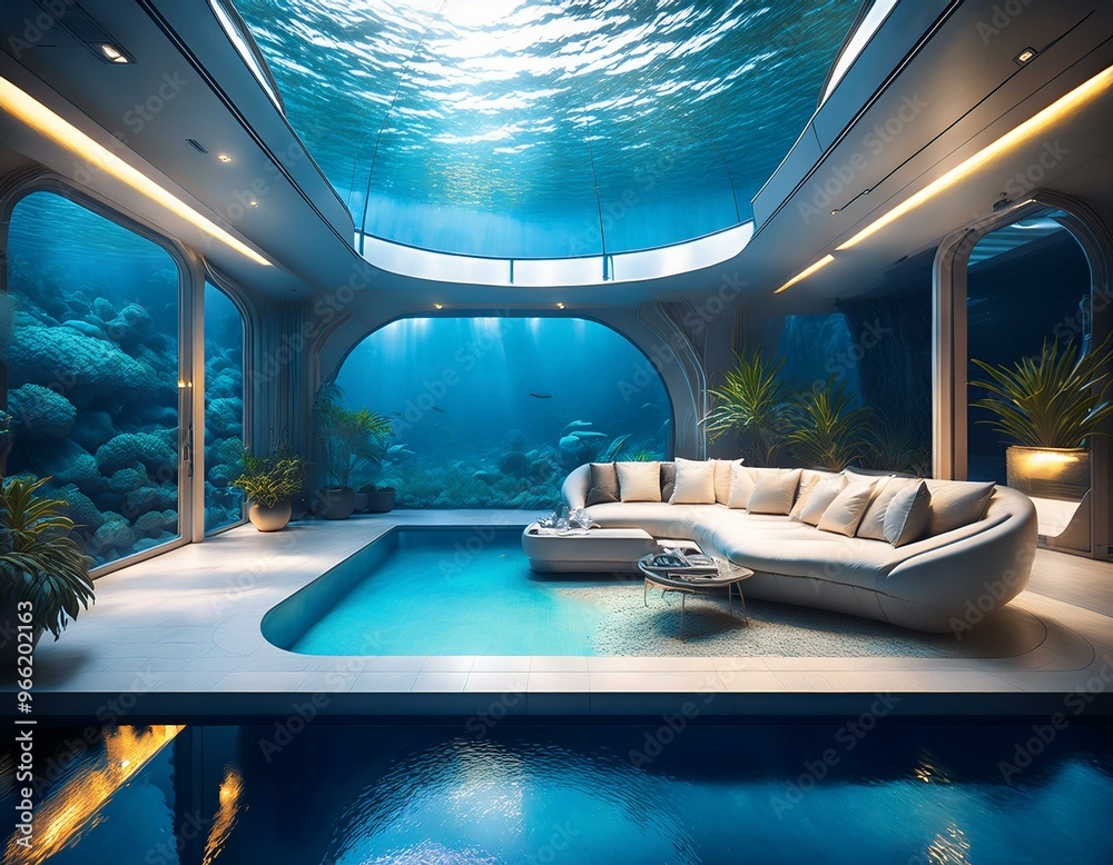 Fototapeta premium A futuristic underwater living room with a pool and a couch. The room is lit by a skylight and has a unique and stylish design.