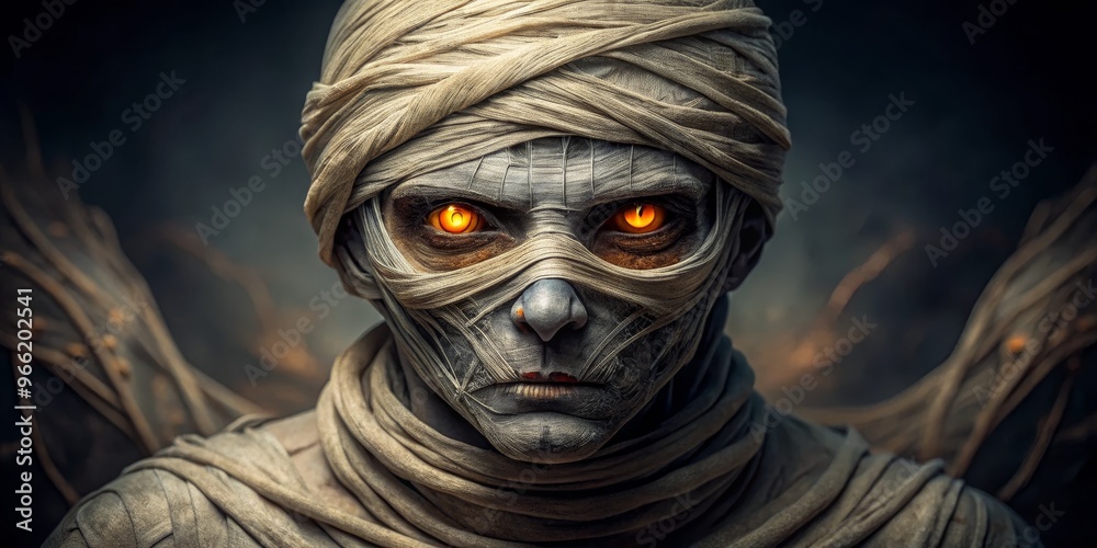 The Glowing Gaze of a Mummy, Digital Art, Mummy, Glowing Eyes, Dark Fantasy