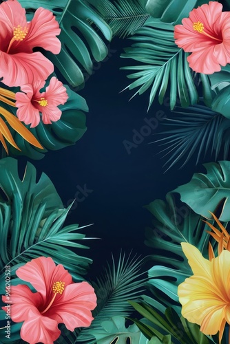 Tropical foliage frame with vivid hibiscus flowers