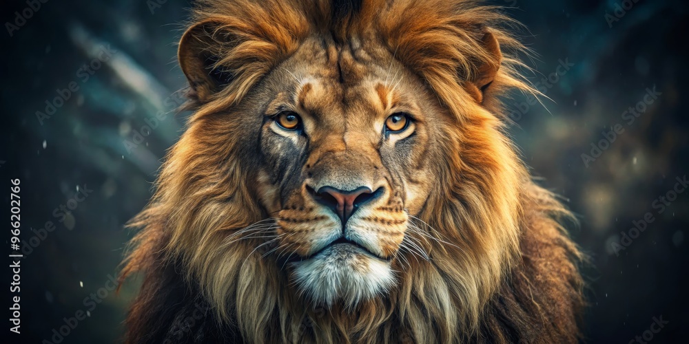 Fototapeta premium The King's Gaze A Close-Up Portrait of a Majestic Lion with Golden Fur Against a Dark, Blurred Background, Lion, Portrait, Wildlife,