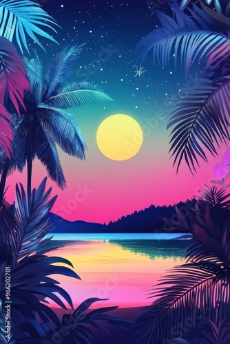 Dreamy tropical beachscape with vibrant colorful sky.