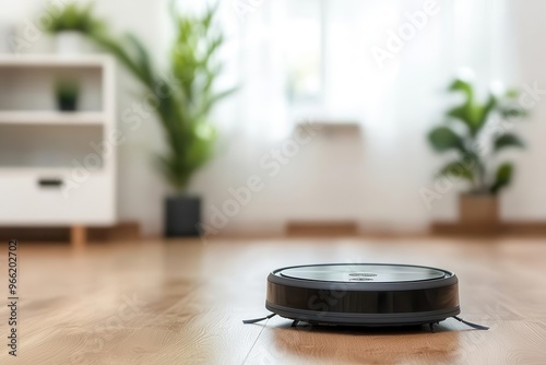 Automated vacuum robot cleaning the floors while being monitored through a smartphone app, smart vacuum robot control, automated home cleaning