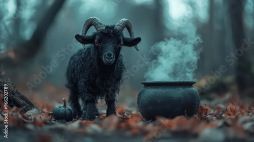 fokasuart Goat in a devil costume standing next to a cauldron w 4ac237ea-adc4-4088-b1ed-bf638a2838d9 photo