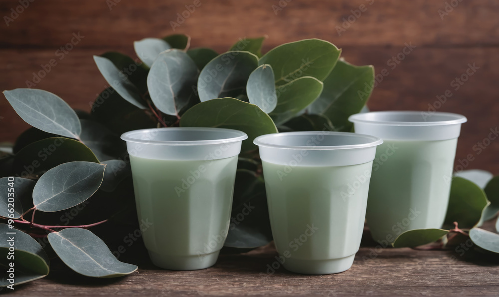 Three clear plastic cups filled with green liquid sit on a wooden surface with eucalyptus leaves Three clear plastic cups filled with green liquid sit on a wooden surface with eucalyptus leaves