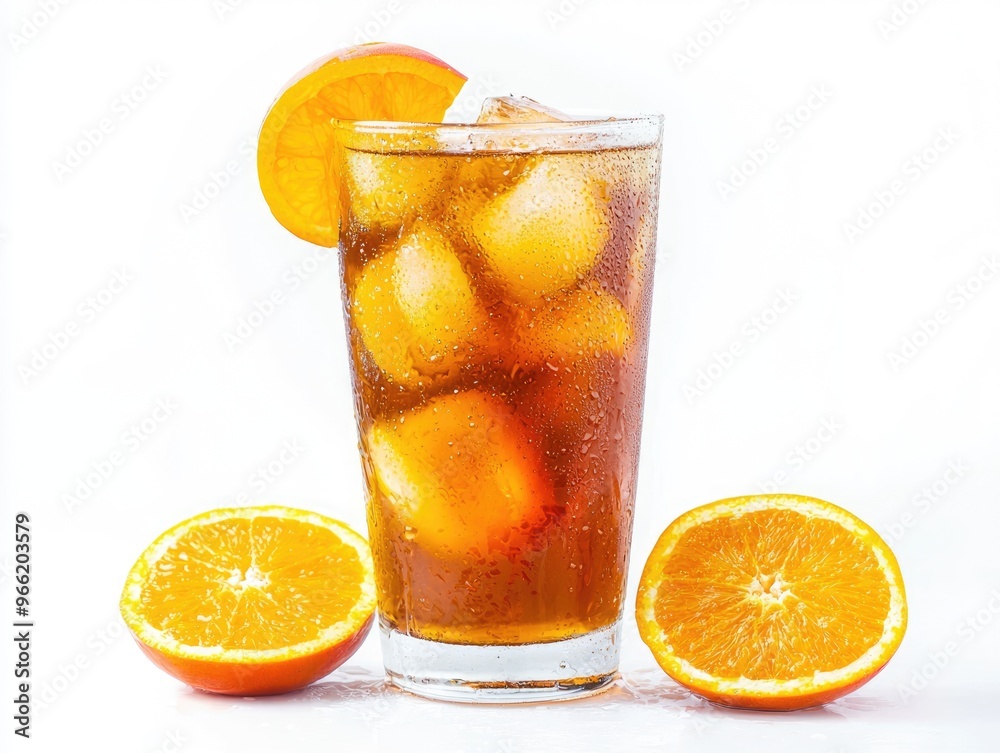 Iced tea cocktail with peach and orange slices refreshing on white background Iced tea cocktail with peach and orange slices refreshing on white background