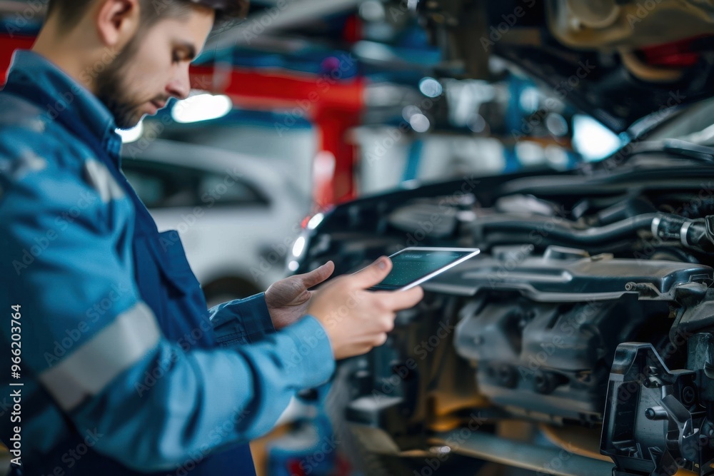 Focus on foreground of engineer holding a tablet checking the readings of the carâs sensor while the mechanic adjusts them on the disk Focus on foreground of engineer holding a tablet checking th Focus on foreground of engineer holding a tablet checking the readings of the carâs sensor while the mechanic adjusts them on the disk Focus on foreground of engineer holding a tablet checking th