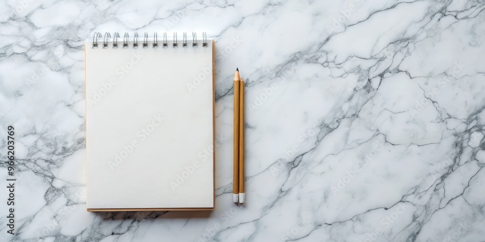 Top View of Notebook and Pencil on White Marble Surface, marble , texture , notebook Top View of Notebook and Pencil on White Marble Surface, marble , texture , notebook