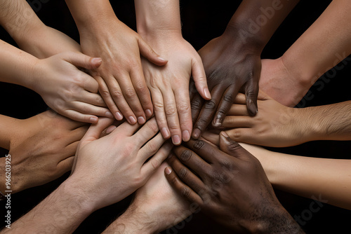 a group of diverse hands reaching out together, symbolizing unity and inclusion, with the focus on the different skin tones and backgrounds