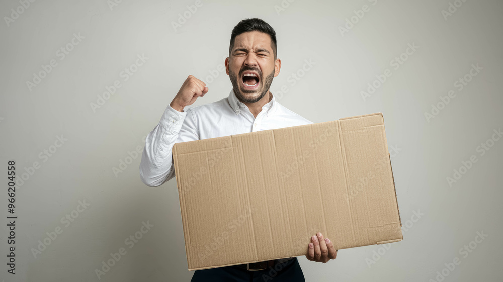 Arab Man Holding Up An Empty Cardboard Sign And Screaming With His Fist In The Air. Politics, Protest And Discontent Concept Arab Man Holding Up An Empty Cardboard Sign And Screaming With His Fist In The Air. Politics, Protest And Discontent Concept