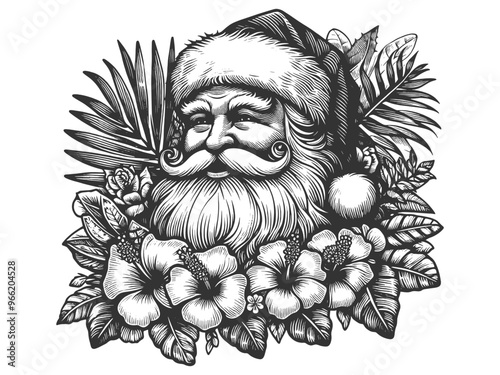 Santa Claus, surrounded by lei tropical flowers, Christmas with Hawaiian summer vibe sketch engraving generative ai vector illustration. Scratch board imitation. Black and white image.