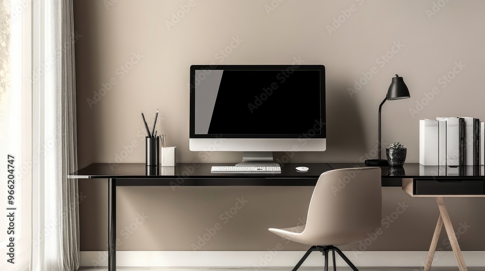 A modern minimalist desk with a glass top, a slim keyboard, and a minimalist mouse, set against a neutral-colored wall and complemented by a stylish office chair. A modern minimalist desk with a glass top, a slim keyboard, and a minimalist mouse, set against a neutral-colored wall and complemented by a stylish office chair.