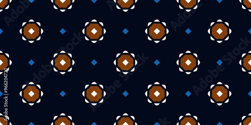 Cute small flowers pattern round shapes motif continuous background. Brown, blue, white colors palette. Modern decoration ditsy floral fabric design textile swatch easy to recolor allover print block.
