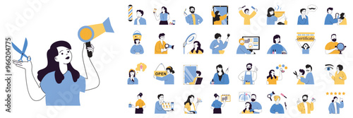 Beauty salon concept mega set with character scenes in flat design for web. Bundle situations with people doing haircuts, skin treatments, beard cut in barbershops, manicure. Vector illustrations.