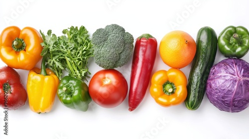 Fresh assortment of colorful vegetables on a white background, showcasing a healthy and vibrant selection for culinary use.