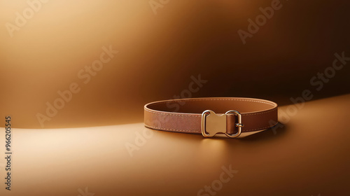 Elegant brown belt with a silver buckle, showcased on a soft, golden background, highlighting its texture and design. photo