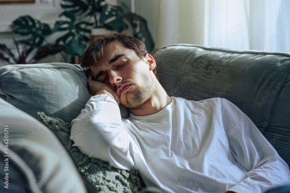 Shot of a young man experiencing a headache while relaxing at home I think a nap is needed Shot of a young man experiencing a headache while relaxing at home I think a nap is needed