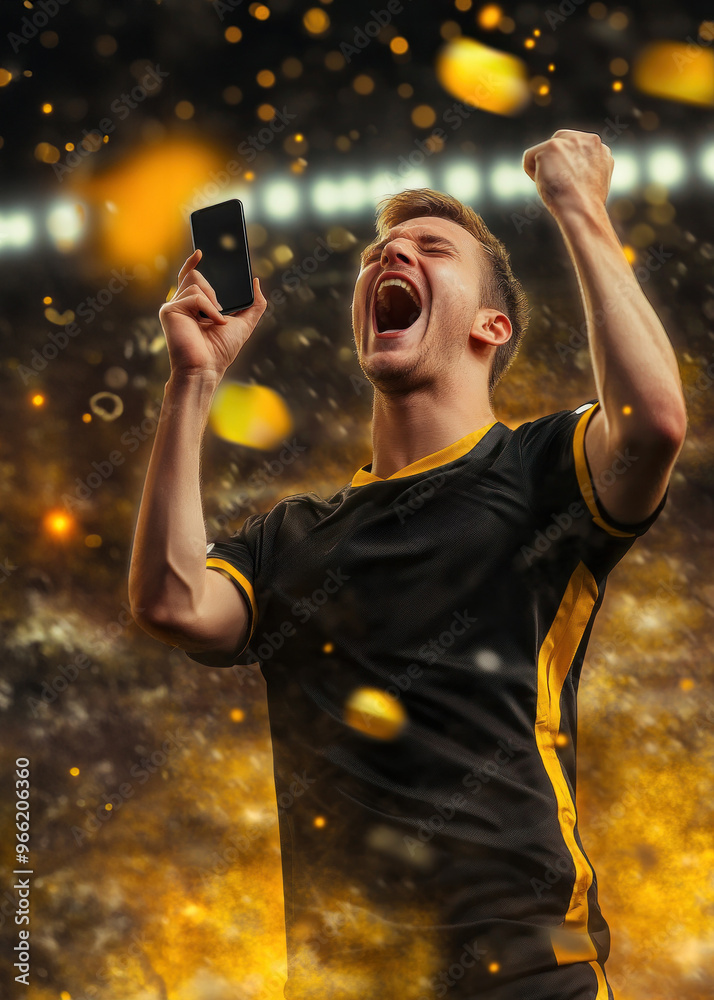 Ecstatic soccer player with phone in vibrant stadium scene.