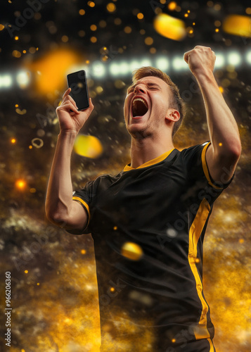 Obraz na płótnie Ecstatic soccer player with phone in vibrant stadium scene. w salonie