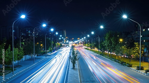 A nighttime cityscape with modern street lights lined along a busy road, providing bright, even illumination and highlighting the urban energy and activity.