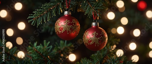 Twinkling Christmas Ornaments: A close-up of two red and gold Christmas ornaments hanging on a lush evergreen tree branch, illuminated by warm, festive string lights. The scene evokes a sense of warmt photo