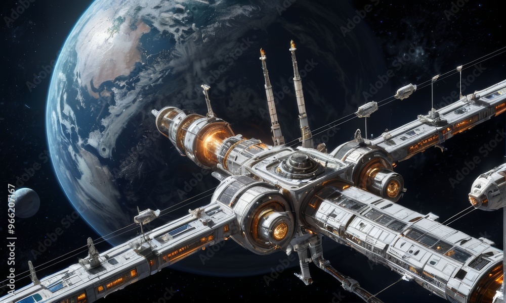 Obraz premium Futuristic Space Station Orbiting Earth